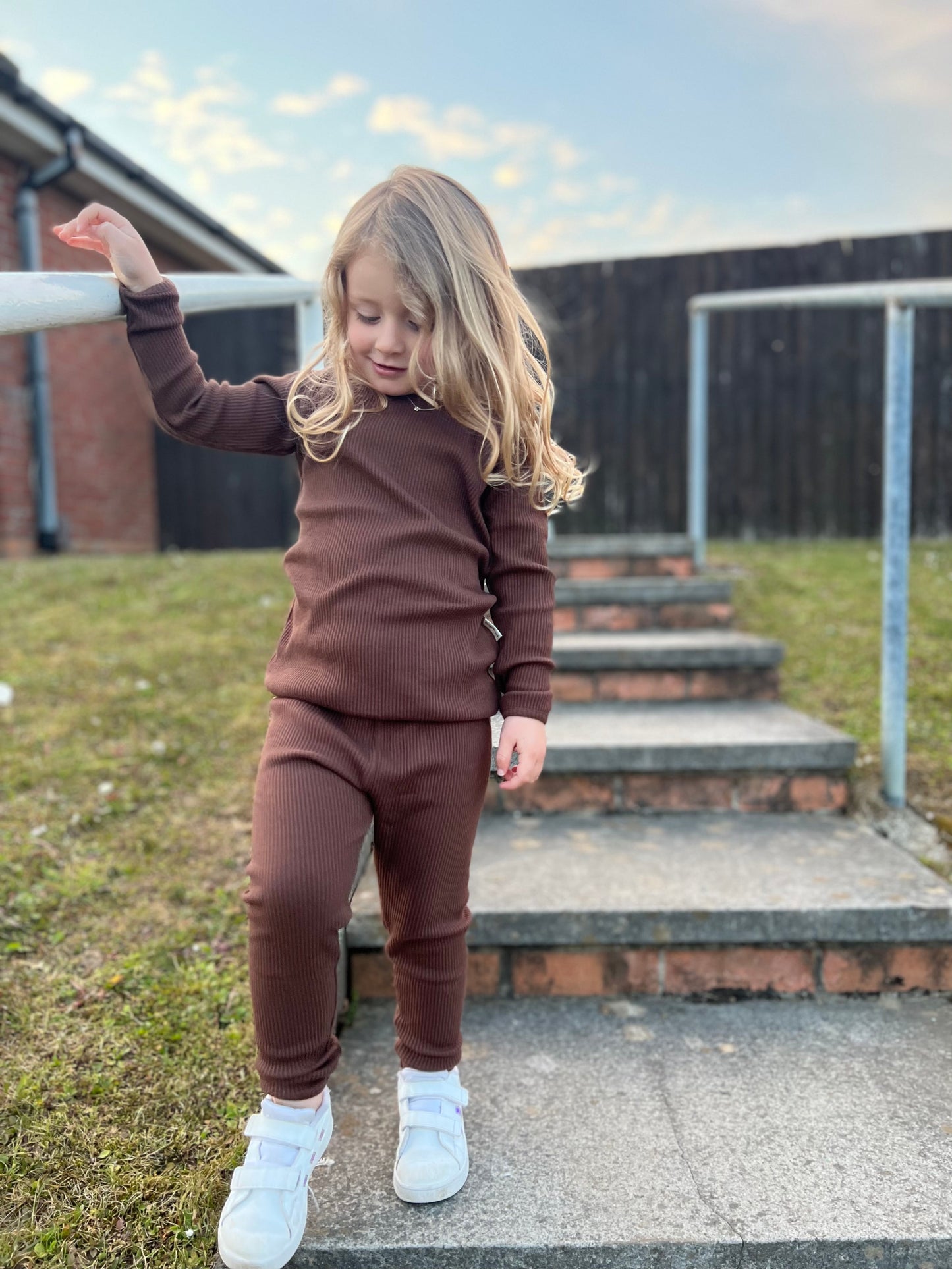 Embroidered Chocolate Ribbed Loungewear Set