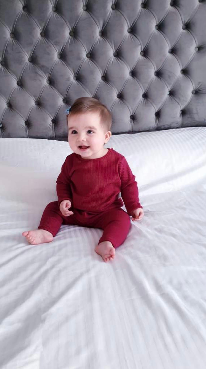 Embroidered Dark Red Ribbed Loungewear Set