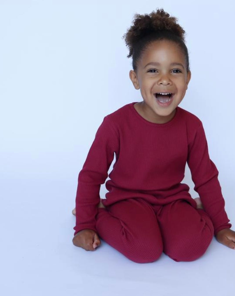 Embroidered Dark Red Ribbed Loungewear Set