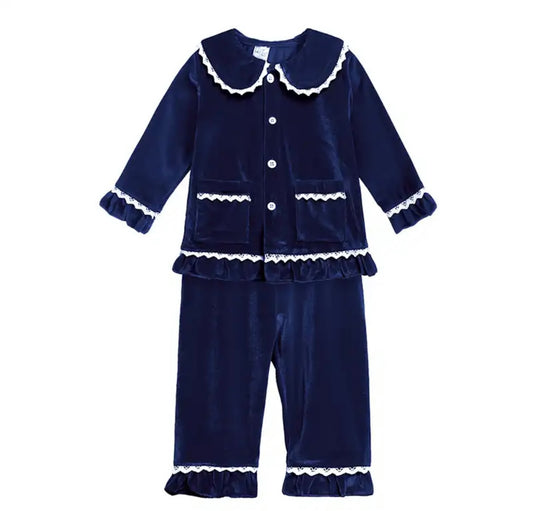 Embroidered Velvet Girls Christmas PJs Navy