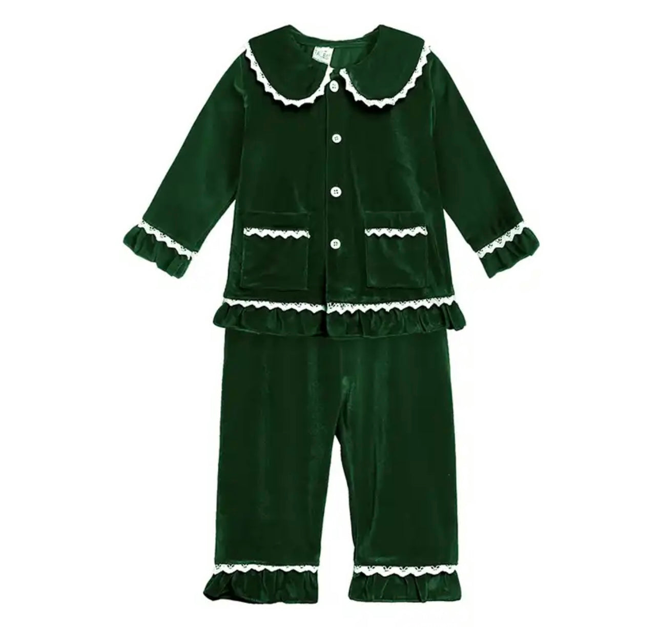 Embroidered Velvet Girls Christmas PJs Green