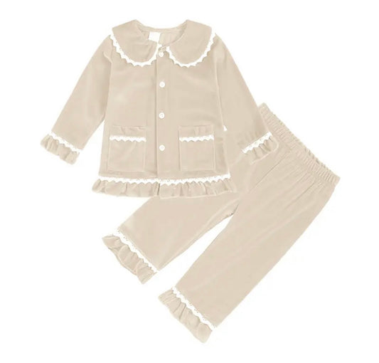 Embroidered Velvet Girls Christmas PJs Beige