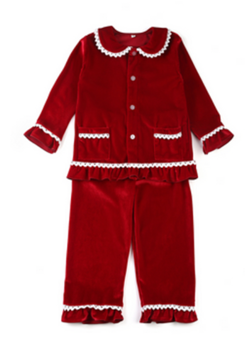 Embroidered Velvet Girls Christmas PJs Red